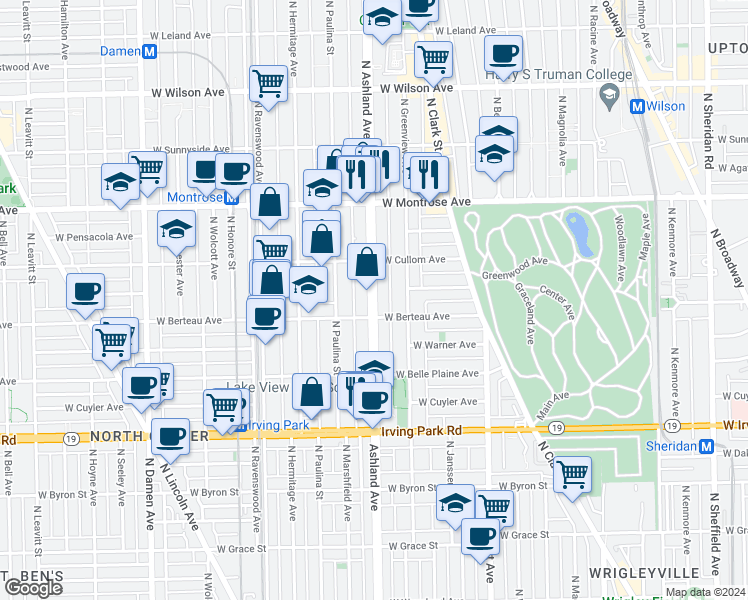 map of restaurants, bars, coffee shops, grocery stores, and more near 4215 Ashland Avenue in Chicago