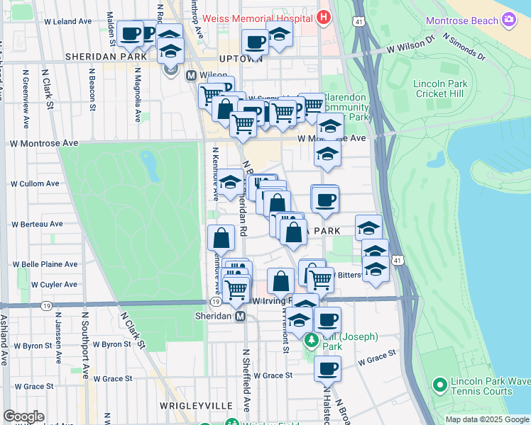 map of restaurants, bars, coffee shops, grocery stores, and more near 4151 North Sheridan Road in Chicago