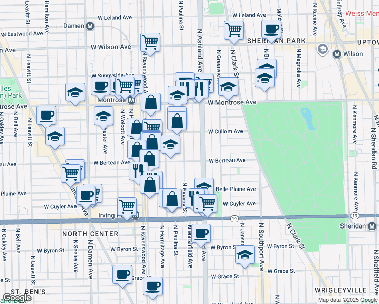 map of restaurants, bars, coffee shops, grocery stores, and more near 4157 North Paulina Street in Chicago