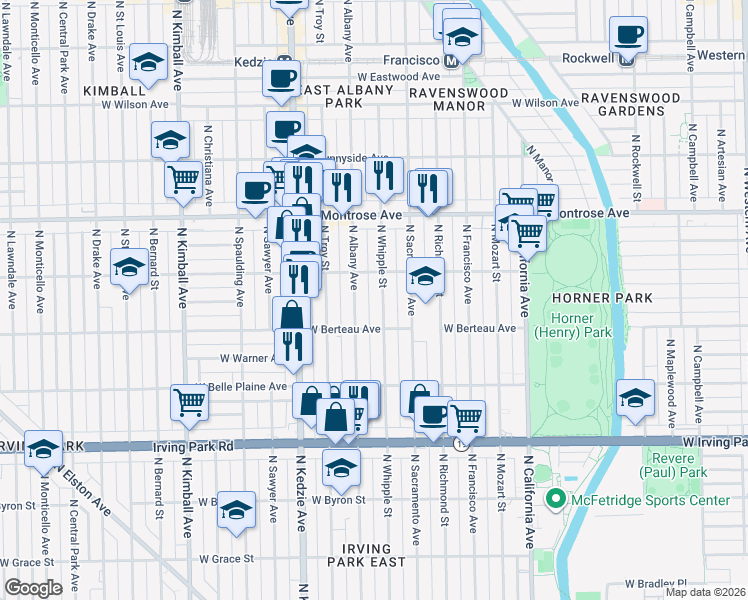 map of restaurants, bars, coffee shops, grocery stores, and more near 4212 North Whipple Street in Chicago