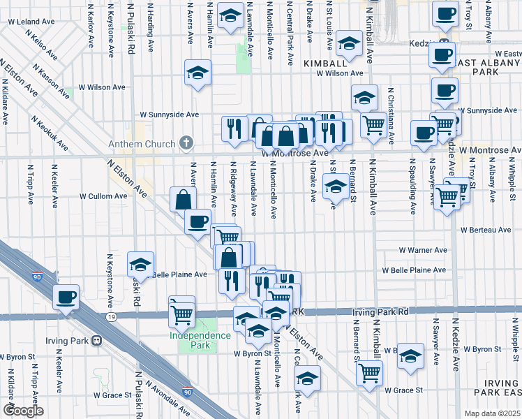 map of restaurants, bars, coffee shops, grocery stores, and more near 4219 North Lawndale Avenue in Chicago