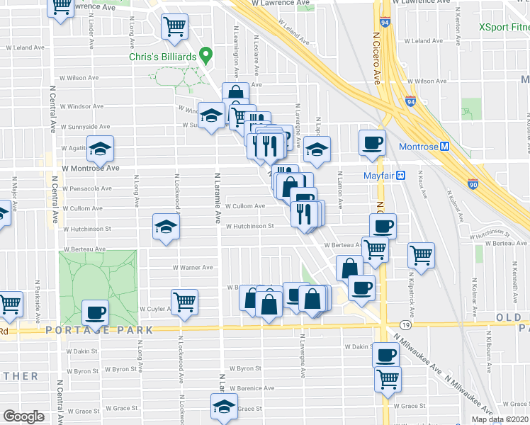 map of restaurants, bars, coffee shops, grocery stores, and more near 5064 West Hutchinson Street in Chicago