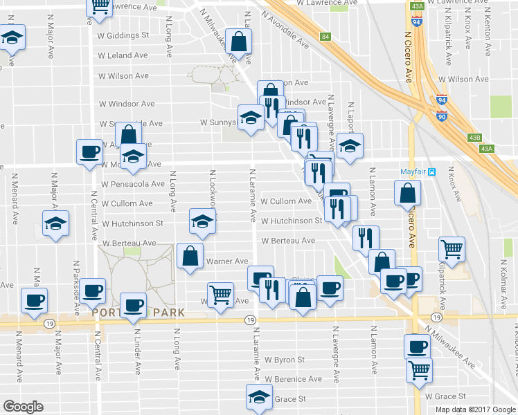 map of restaurants, bars, coffee shops, grocery stores, and more near 5200 West Hutchinson Street in Chicago