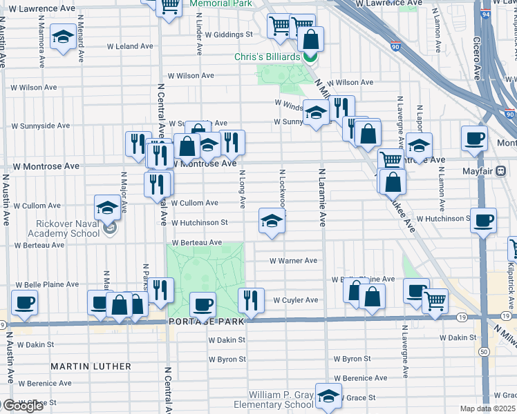 map of restaurants, bars, coffee shops, grocery stores, and more near 5358 West Hutchinson Street in Chicago