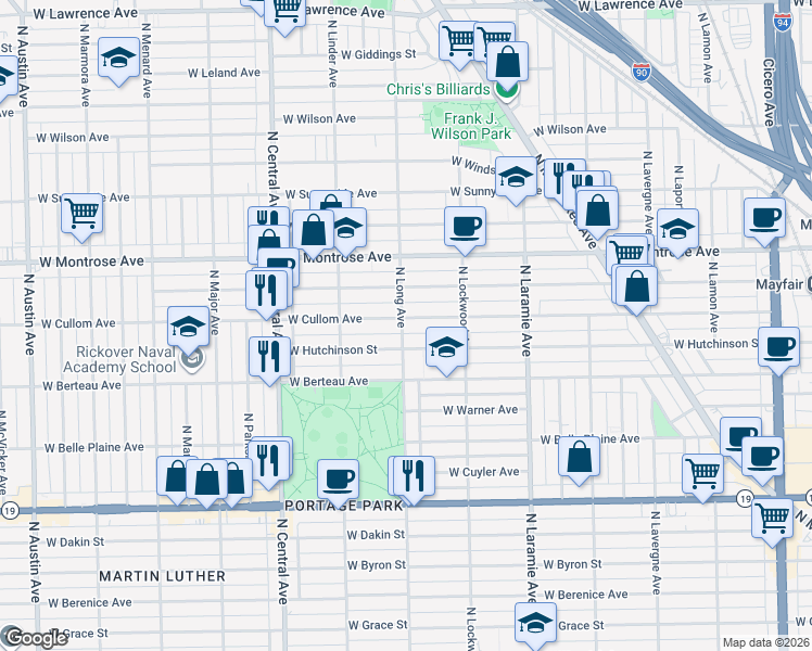 map of restaurants, bars, coffee shops, grocery stores, and more near 5358 West Hutchinson Street in Chicago