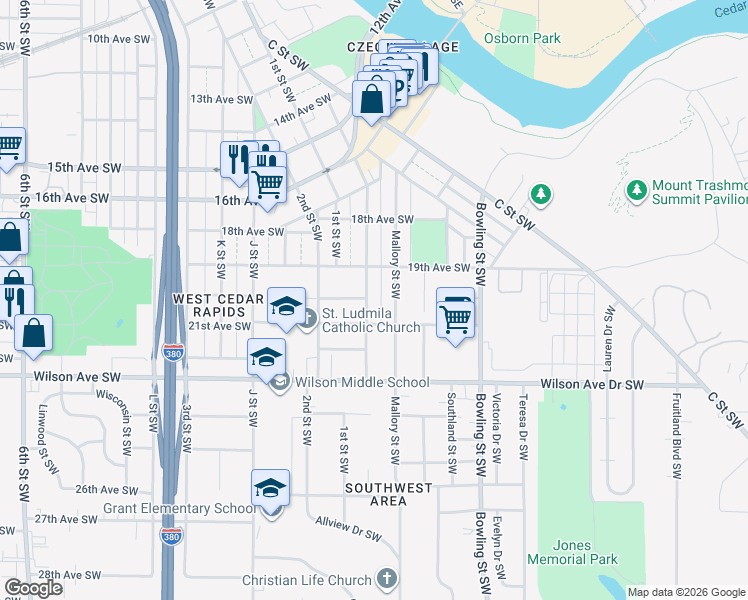 map of restaurants, bars, coffee shops, grocery stores, and more near 2021 Hamilton St SW in Cedar Rapids