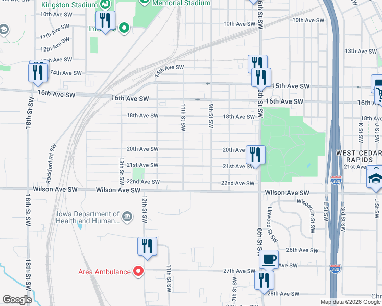 map of restaurants, bars, coffee shops, grocery stores, and more near 944 21st Avenue Southwest in Cedar Rapids
