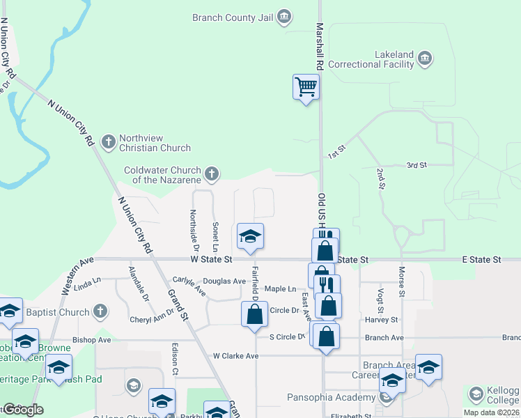 map of restaurants, bars, coffee shops, grocery stores, and more near 55 Oakwood Drive in Coldwater