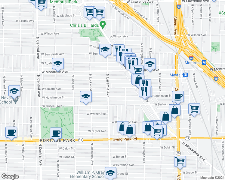 map of restaurants, bars, coffee shops, grocery stores, and more near 5147 West Cullom Avenue in Chicago