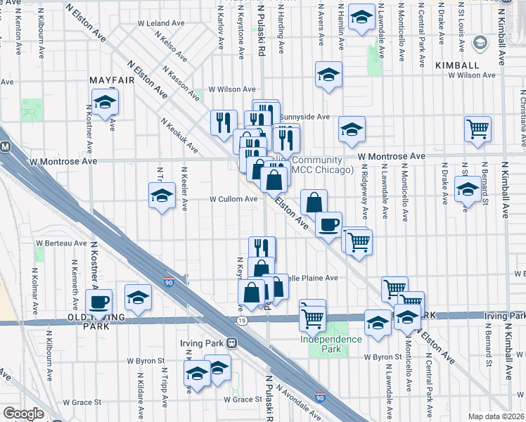 map of restaurants, bars, coffee shops, grocery stores, and more near 4242 North Pulaski Road in Chicago