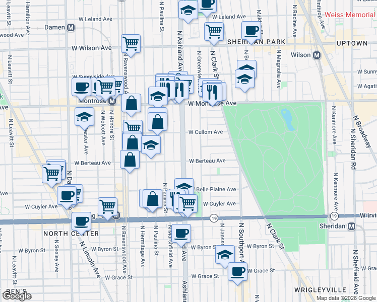 map of restaurants, bars, coffee shops, grocery stores, and more near 4219 North Ashland Avenue in Chicago