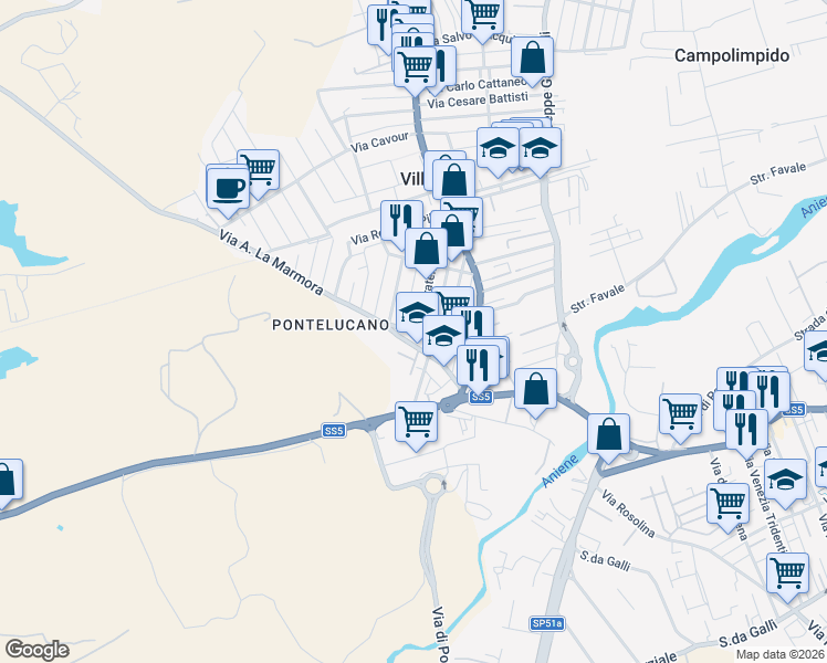 map of restaurants, bars, coffee shops, grocery stores, and more near 26 Via Ciro Menotti in Villanova