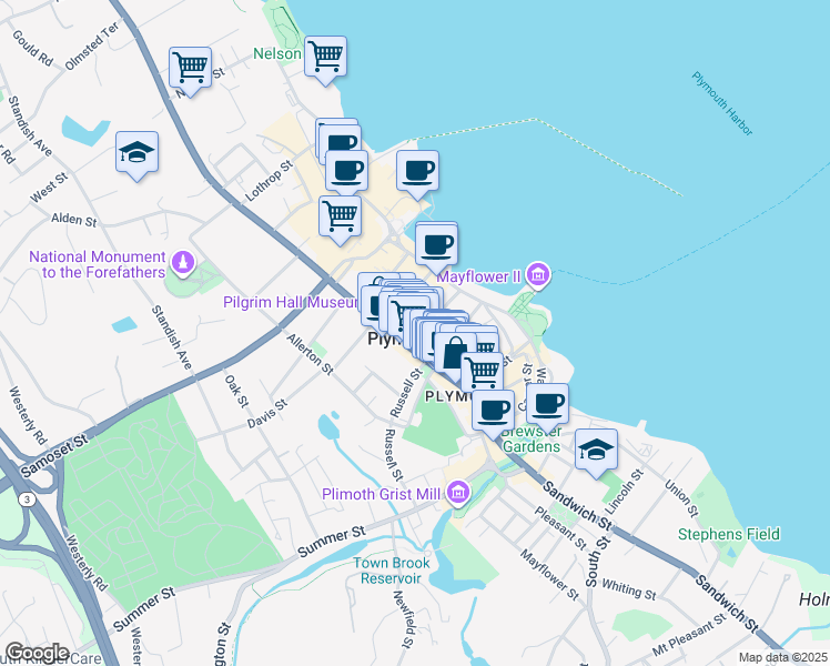 map of restaurants, bars, coffee shops, grocery stores, and more near 33 Court Street in Plymouth