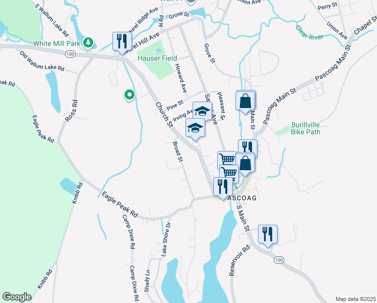 map of restaurants, bars, coffee shops, grocery stores, and more near 94 Church Street in Burrillville