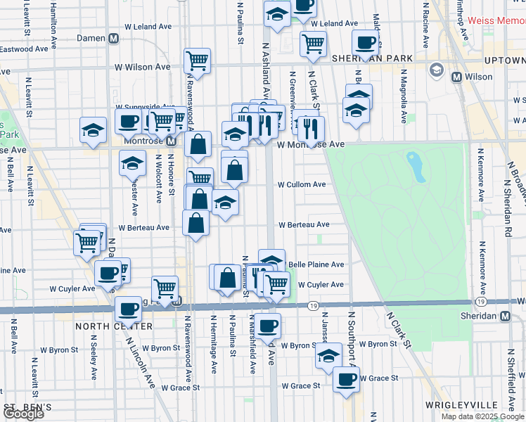 map of restaurants, bars, coffee shops, grocery stores, and more near 1604 West Berteau Avenue in Chicago