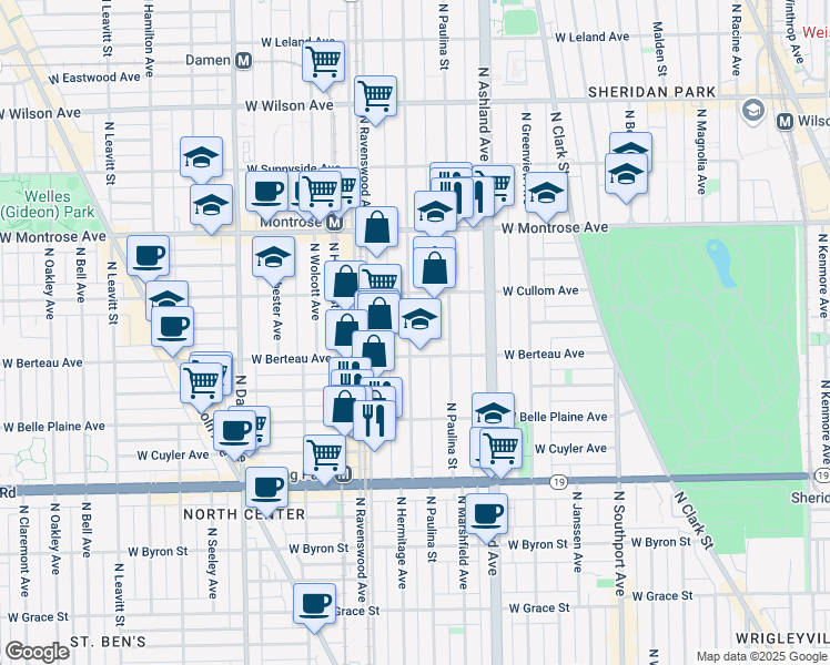 map of restaurants, bars, coffee shops, grocery stores, and more near 1751 West Berteau Avenue in Chicago
