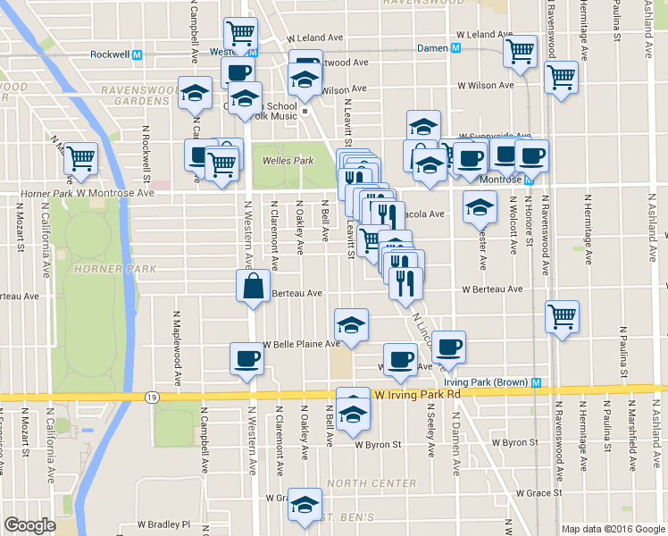 map of restaurants, bars, coffee shops, grocery stores, and more near 4208 North Leavitt Street in Chicago