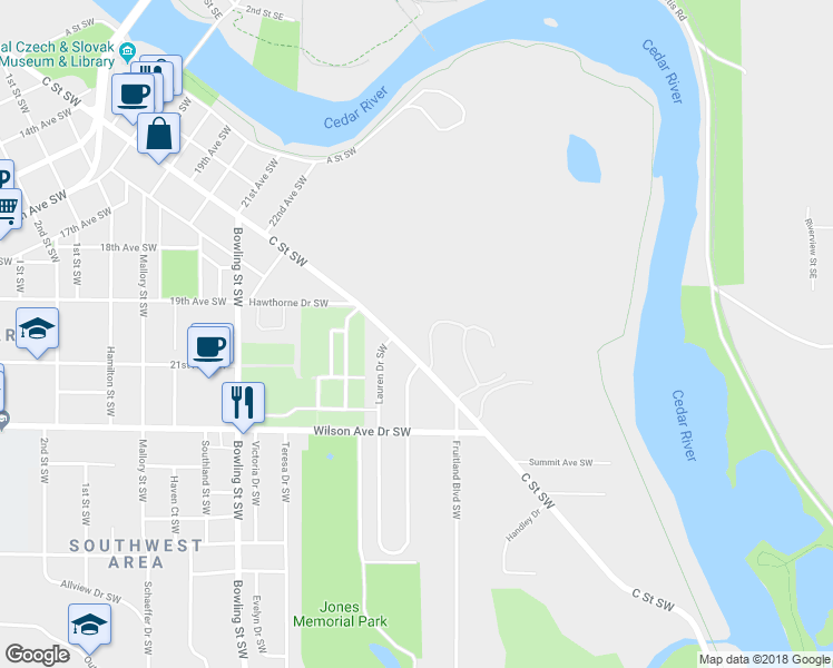 map of restaurants, bars, coffee shops, grocery stores, and more near 2231 C Street Southwest in Cedar Rapids