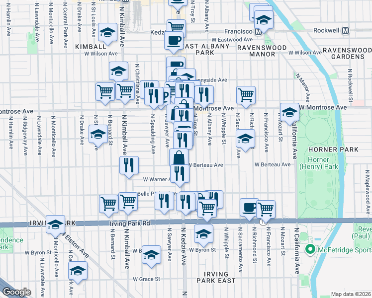 map of restaurants, bars, coffee shops, grocery stores, and more near 4213 North Kedzie Avenue in Chicago
