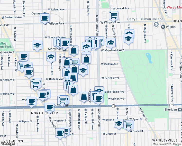 map of restaurants, bars, coffee shops, grocery stores, and more near 4225 North Paulina Street in Chicago