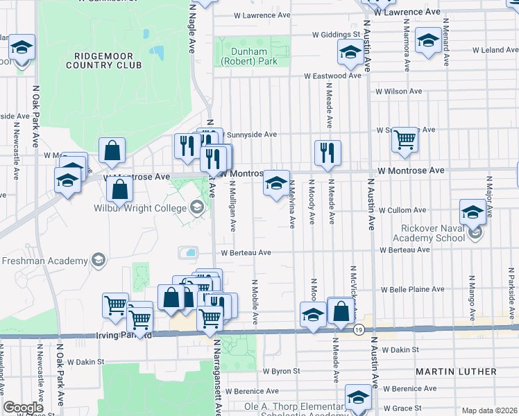 map of restaurants, bars, coffee shops, grocery stores, and more near 4248 North Mobile Avenue in Chicago