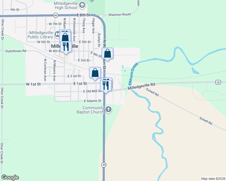 map of restaurants, bars, coffee shops, grocery stores, and more near 64 South Freeman Avenue in Milledgeville