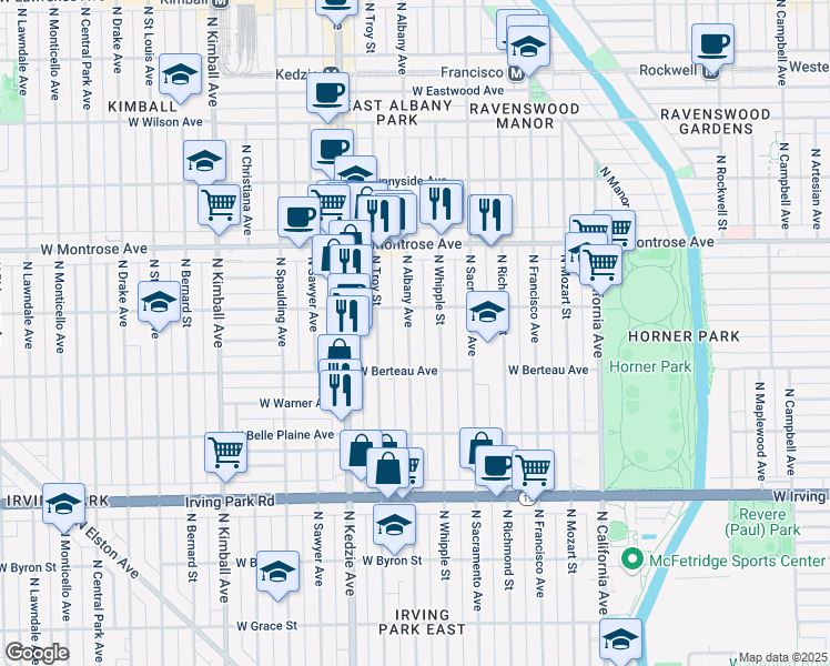 map of restaurants, bars, coffee shops, grocery stores, and more near 4237 North Albany Avenue in Chicago