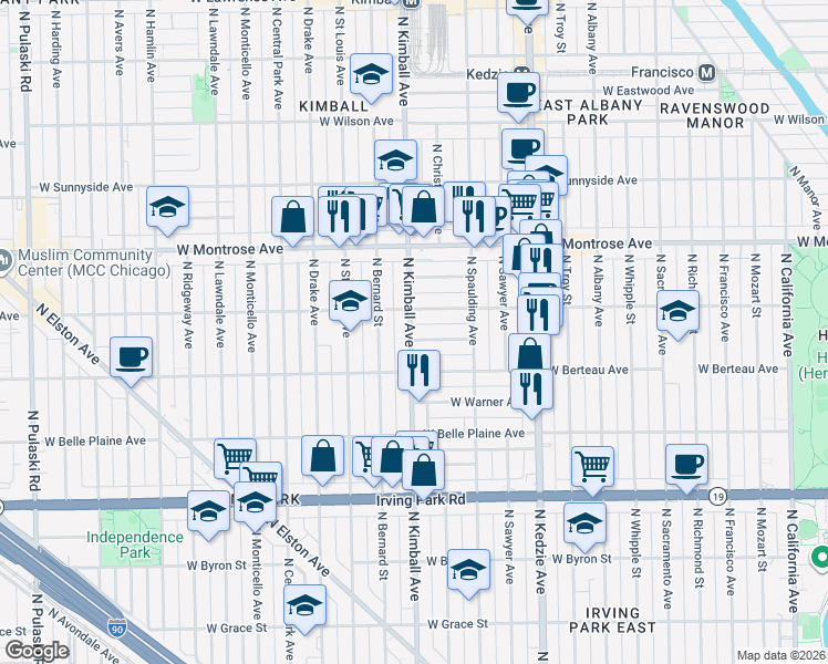 map of restaurants, bars, coffee shops, grocery stores, and more near 4241 North Kimball Avenue in Chicago