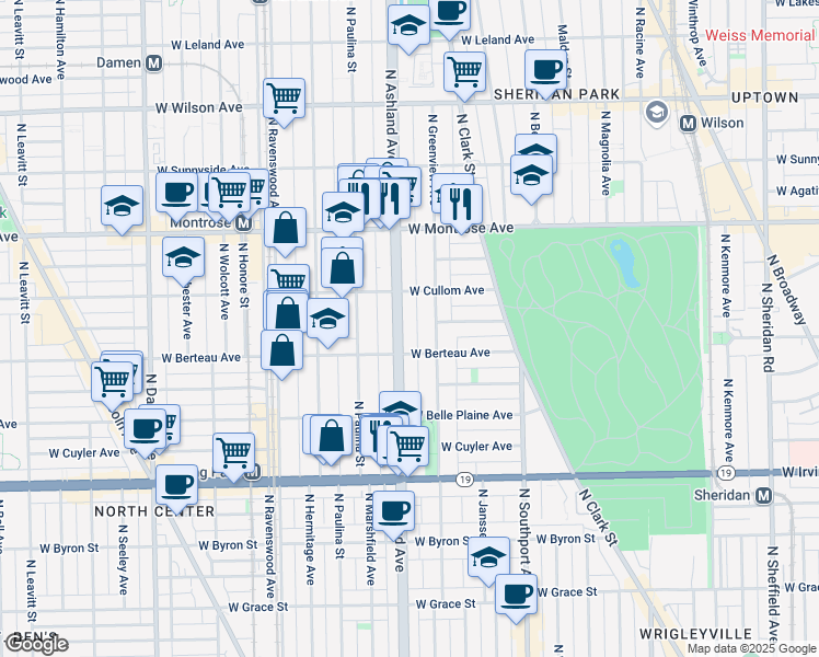 map of restaurants, bars, coffee shops, grocery stores, and more near 1604 West Berteau Avenue in Chicago