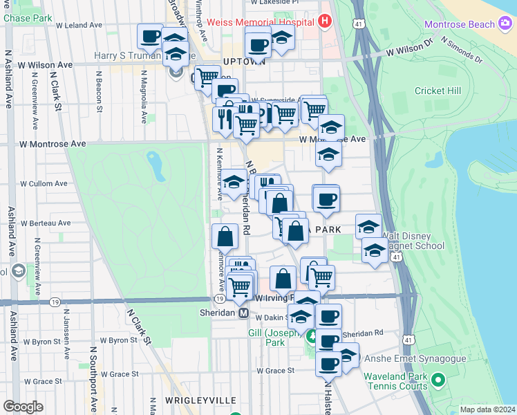 map of restaurants, bars, coffee shops, grocery stores, and more near 4151 North Sheridan Road in Chicago