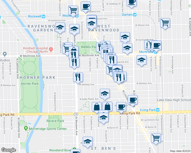 map of restaurants, bars, coffee shops, grocery stores, and more near 4206 North Bell Avenue in Chicago