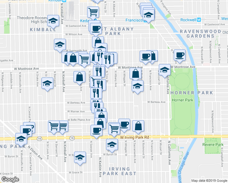 map of restaurants, bars, coffee shops, grocery stores, and more near 4211 North Troy Street in Chicago