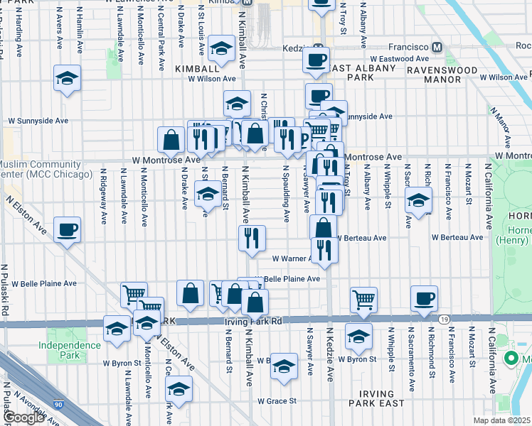 map of restaurants, bars, coffee shops, grocery stores, and more near 3349 West Hutchinson Street in Chicago