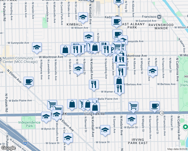 map of restaurants, bars, coffee shops, grocery stores, and more near 3349 West Hutchinson Street in Chicago
