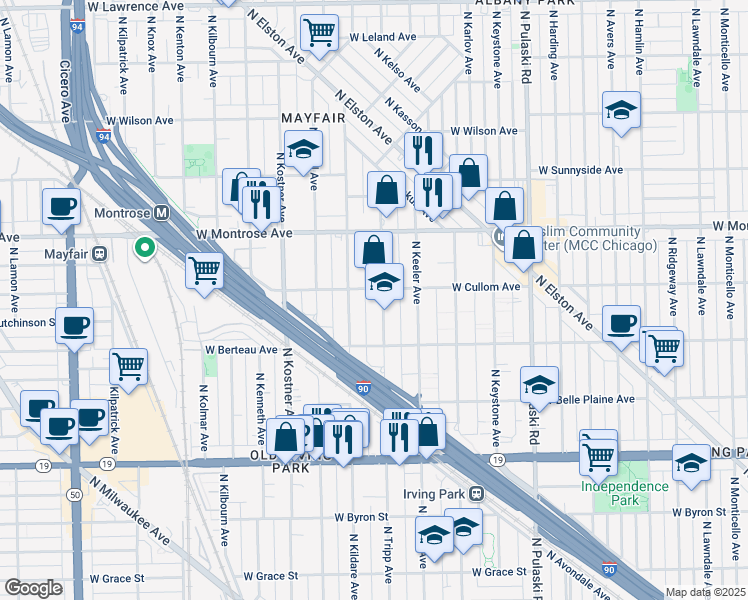 map of restaurants, bars, coffee shops, grocery stores, and more near 4223 North Kildare Avenue in Chicago