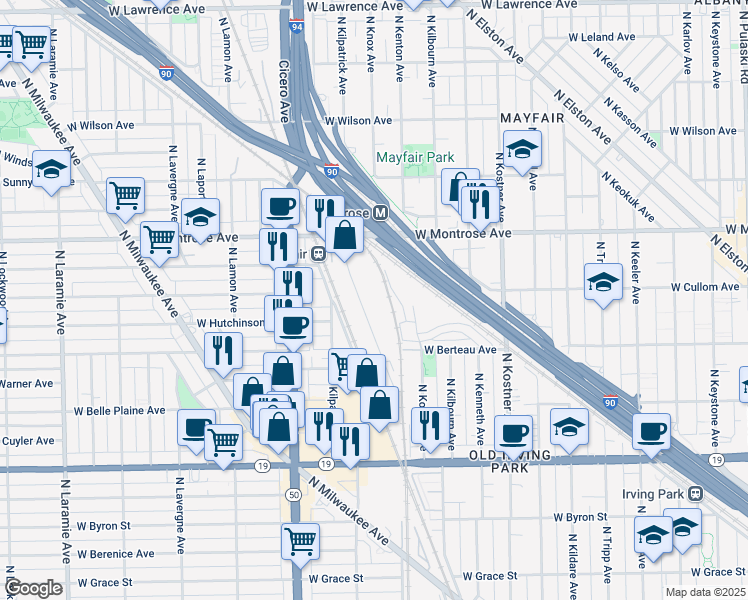map of restaurants, bars, coffee shops, grocery stores, and more near 4245 North Knox Avenue in Chicago