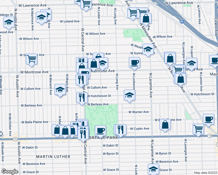 map of restaurants, bars, coffee shops, grocery stores, and more near 5434 West Hutchinson Street in Chicago
