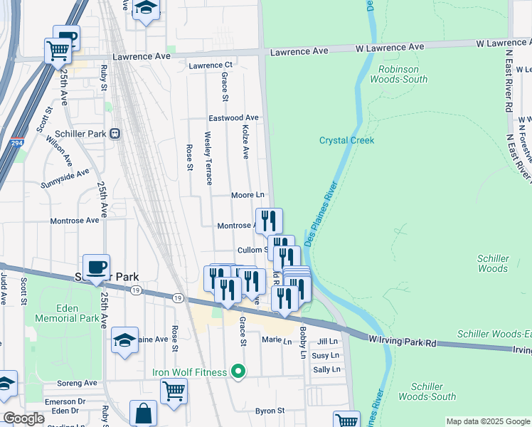 map of restaurants, bars, coffee shops, grocery stores, and more near 4346 River Road in Schiller Park