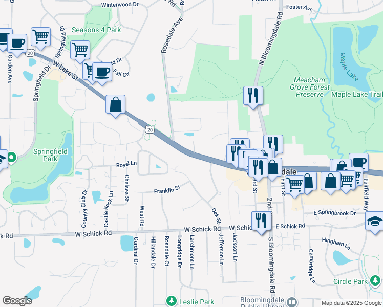 map of restaurants, bars, coffee shops, grocery stores, and more near 160 West Lake Street in Bloomingdale