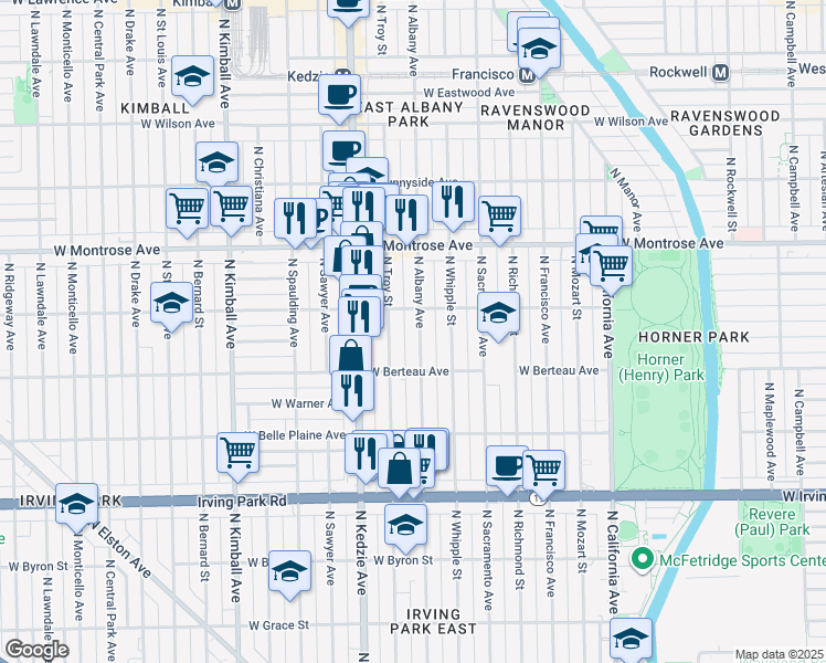 map of restaurants, bars, coffee shops, grocery stores, and more near 4236 North Albany Avenue in Chicago