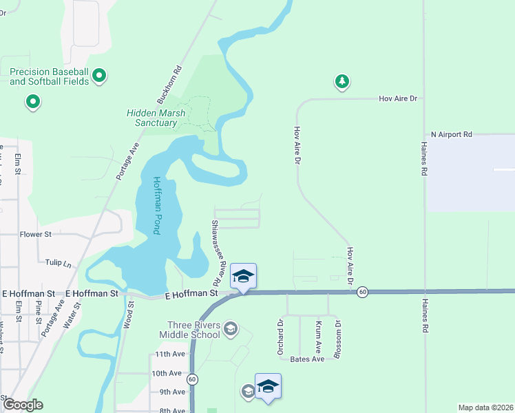 map of restaurants, bars, coffee shops, grocery stores, and more near 1235 Manistee River Road in Three Rivers