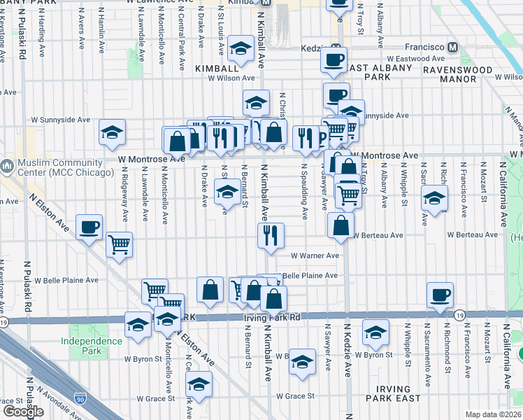 map of restaurants, bars, coffee shops, grocery stores, and more near 4240 North Kimball Avenue in Chicago