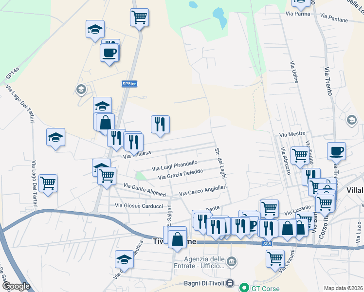 map of restaurants, bars, coffee shops, grocery stores, and more near 28 Via Luigi Pirandello in Tivoli Terme