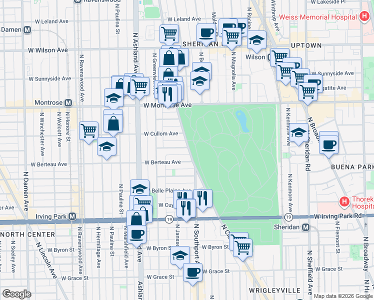 map of restaurants, bars, coffee shops, grocery stores, and more near 1415 West Hutchinson Street in Chicago