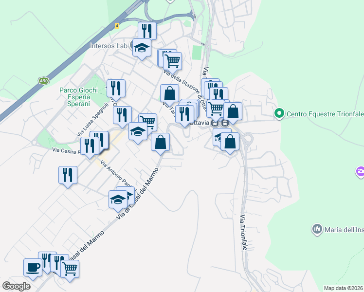 map of restaurants, bars, coffee shops, grocery stores, and more near 35 Via Angelo Rocca in Rome