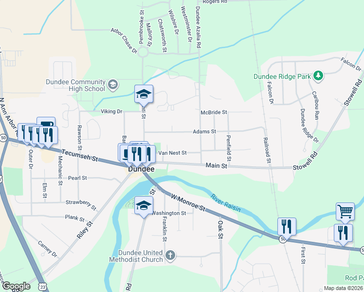 map of restaurants, bars, coffee shops, grocery stores, and more near 240 Adams Street in Dundee