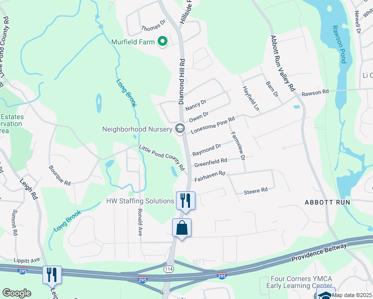map of restaurants, bars, coffee shops, grocery stores, and more near 2500 Diamond Hill Road in Cumberland