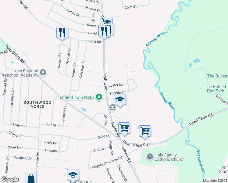 map of restaurants, bars, coffee shops, grocery stores, and more near 7 Luster Lane in Enfield
