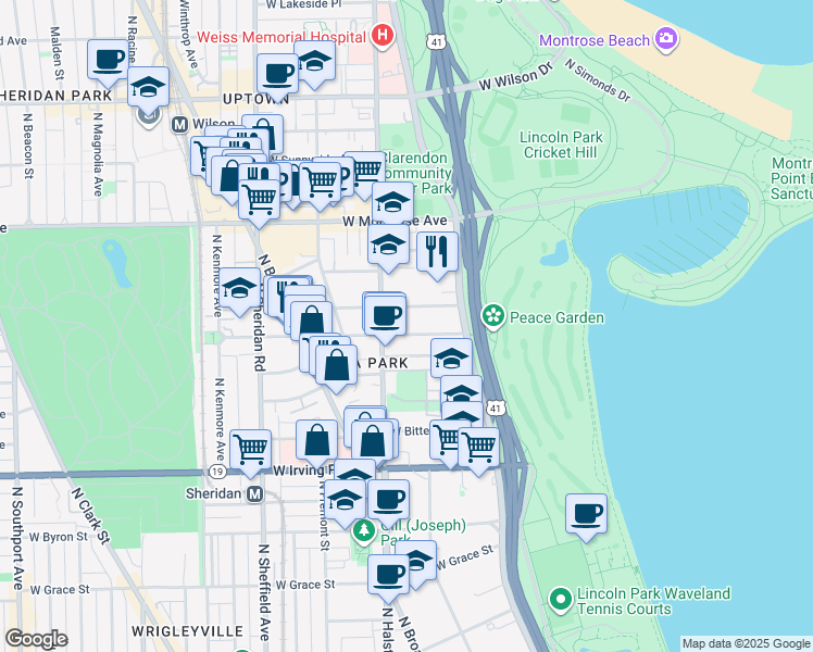 map of restaurants, bars, coffee shops, grocery stores, and more near 750 West Hutchinson Street in Chicago