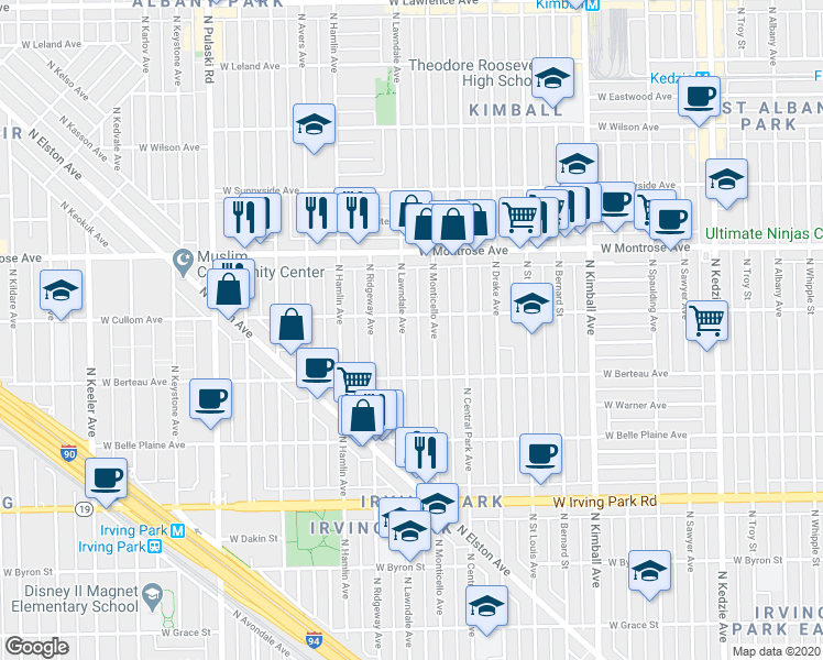 map of restaurants, bars, coffee shops, grocery stores, and more near 4249 Lawndale Avenue in Chicago